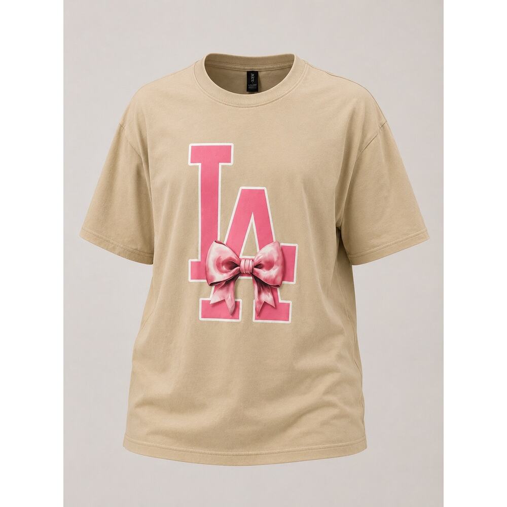LA Bow Graphic T-Shirt Sand Color Pink Coquette Aesthetic Size Small